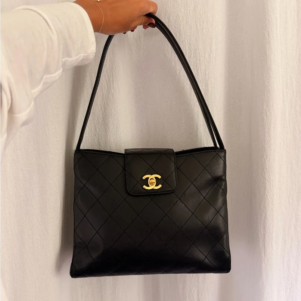 VINTAGE CHANEL Black Lambskin Bag with Gold Accent - Picture 1 of 10